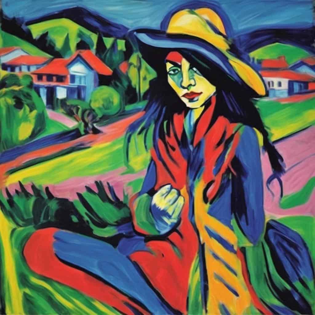 Ζωντανό πορτρέτο γυναίκας με καπέλο και πολύχρωμα τοπία σε αφηρημένη, δυναμική σύνθεση έργων τέχνης.