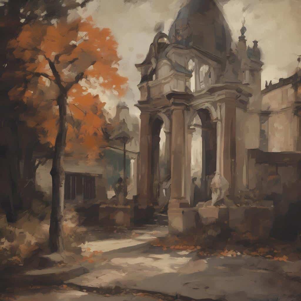 Παλαιά αρχιτεκτονική γέφυρα με επιβλητικό καμάρι και ιστορική ατμόσφαιρα, φύση με κολοκυθάκια και φύλλα σε φθινοπωρινό σκηνικό, τέμπερα έργο με δυναμική σύνθεση και φιλοτεχνημένο ρεαλισμό, ιδανικό για πολιτιστικές και ιστορικές αναφορές.