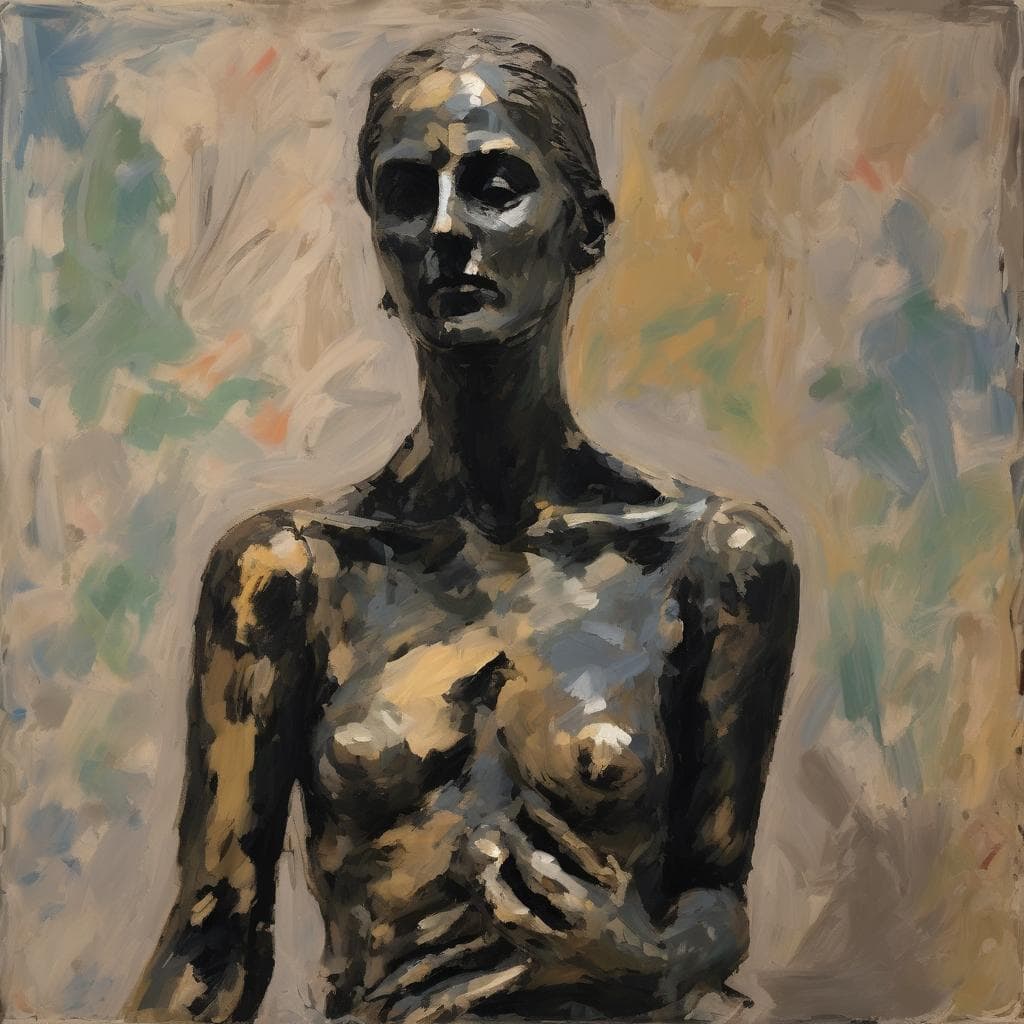 Ανώτατη γυναικεία μορφή σε δυναμική σύνθεση έργων, ζωγραφική με έντονα πινέλα και αλληγορική έκφραση, εστίαση στην ανθρώπινη φιγούρα και την έμπνευση μέσα από σύγχρονες καλλιτεχνικές τεχνικές.