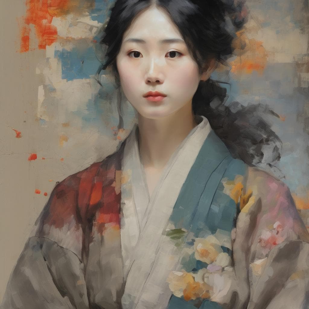 Ομορφη νεαρή γυναίκα σε παραδοσιακή κιμονό, πορτρέτο με καλλιτεχνική ψηφιακή ζωγραφική, έγχρωμο, διαχρονική, μοντέρνα τέχνη, σύνθεση έργων, δυναμική μορφή.