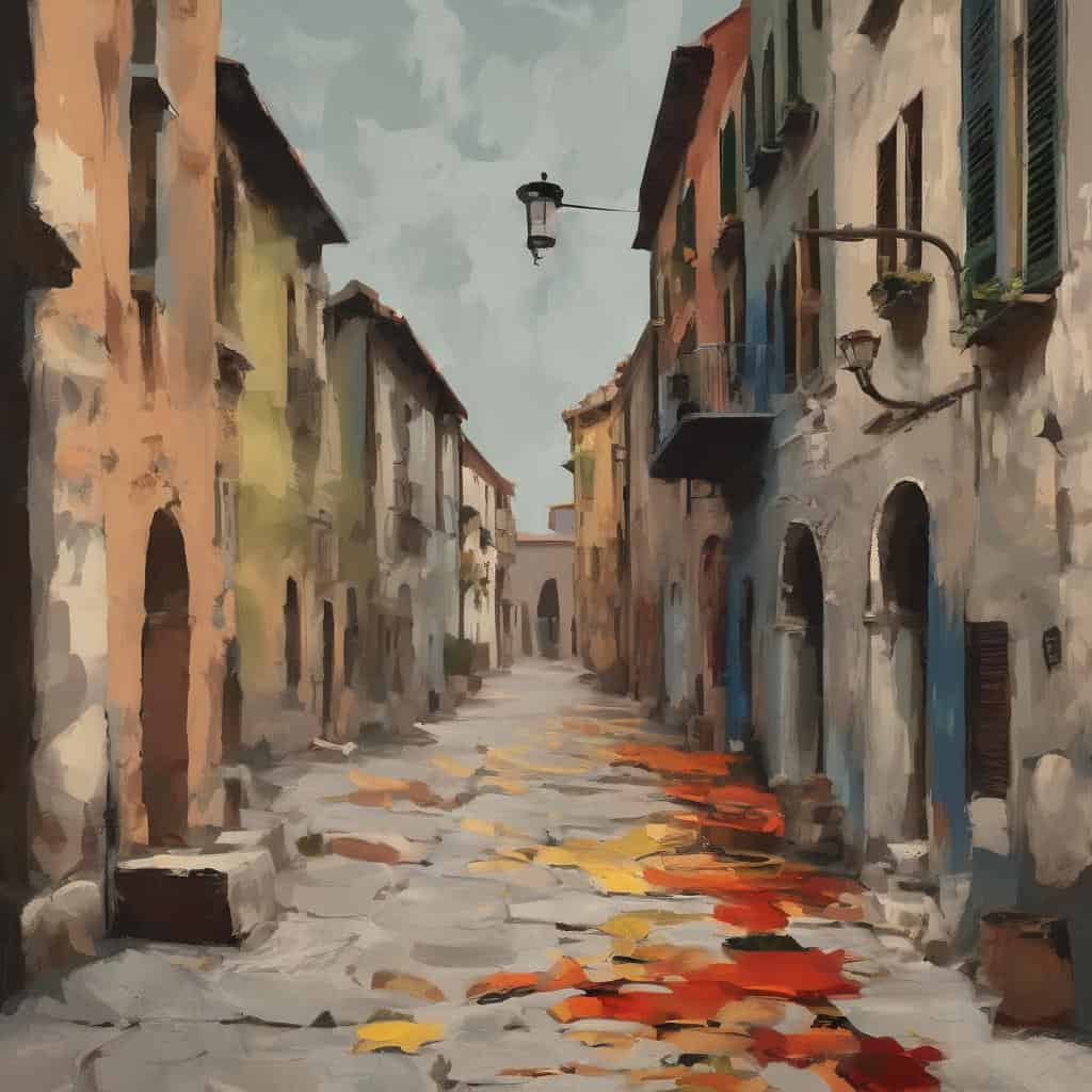 Γραμμή κτιρίων σε μια ήσυχη δρόμο σε παλιά πόλη, σε ζωγραφική μεζονέτα, σε ήσυχη και γραφική ατμόσφαιρα, με ήρεμο και παραδοσιακό χαρακτήρα, ιδανικό για πολιτιστική και αρχιτεκτονική φωτογράφηση.