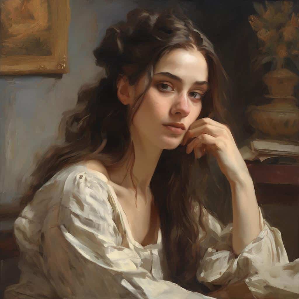 Ομορφη γυναικα με μακριά καστανά μαλλιά, ζωγραφική εικόνα σε κλασικό στυλ, σκεφτική πόζα, εστίαση στη σύνθεση και την εκφραστικότητα, τέχνη, πορτρέτο.