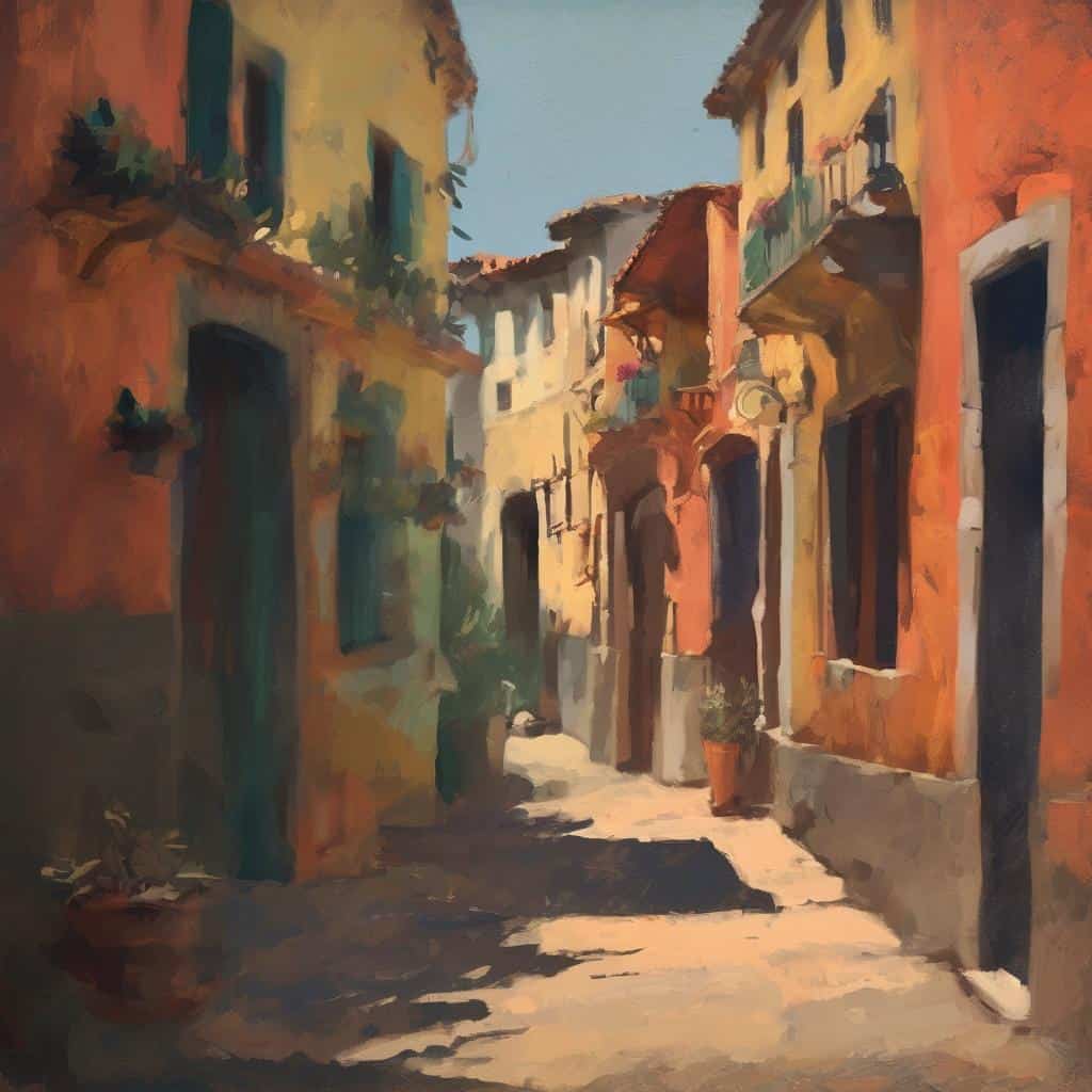 Ζωγραφική εικόνα παλιάς πόλης με πολύχρωμα κτίρια και στενά δρομάκια, αναδεικνύοντας τη δυναμική μορφή στη σύνθεση έργων τέχνης.
